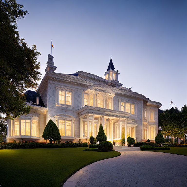 Stately mansion with steeple illuminated at twilight