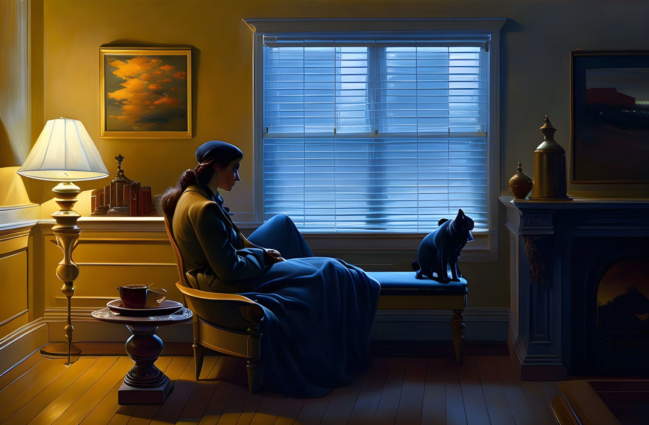 Woman in Blue Dress Sitting by Window at Night with Cat and Fireplace