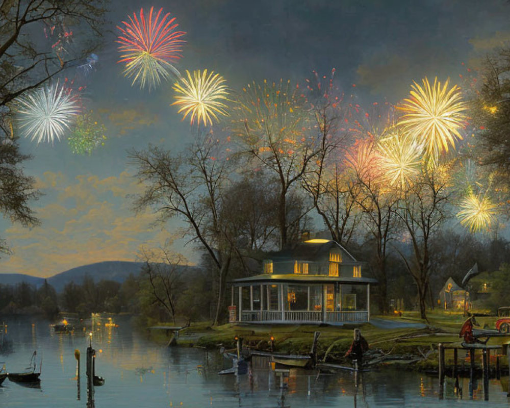 Twilight lakeside scene with gazebo, boats, and vibrant fireworks display