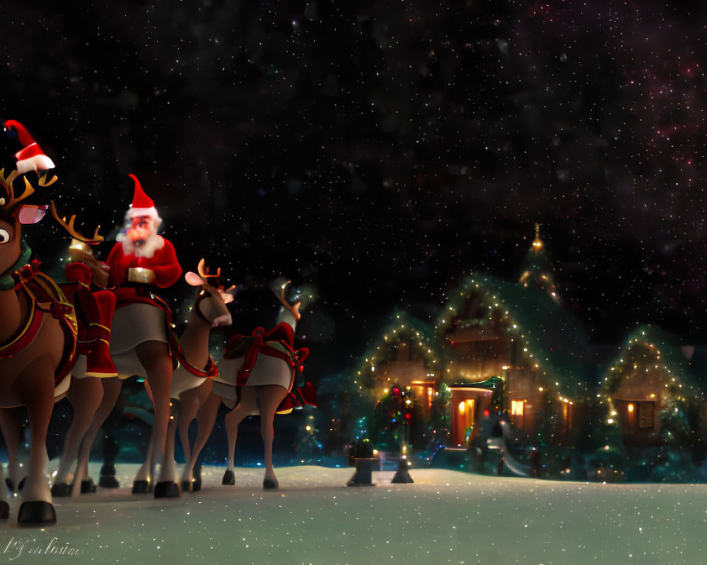Festive snowy village scene with Santa Claus and reindeer at night