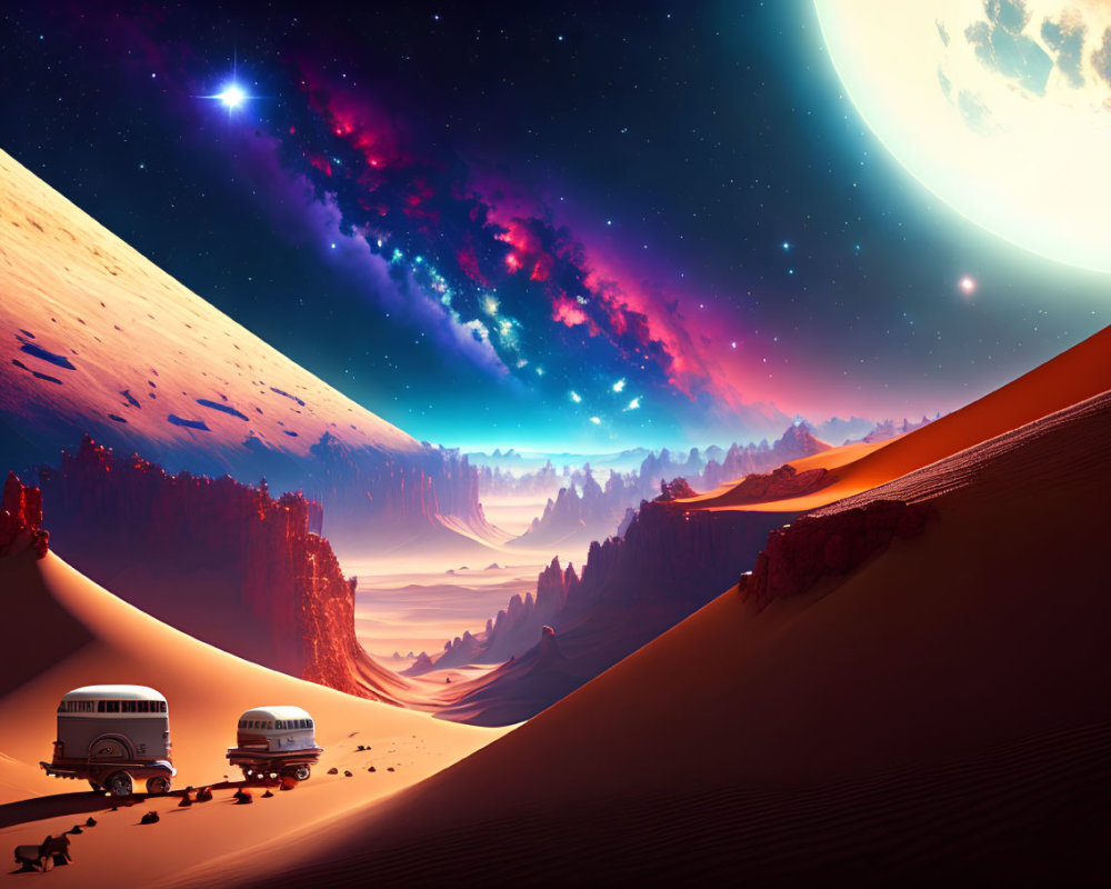 Twilight desert landscape with vintage buses, dog, colossal dunes, cosmic sky.