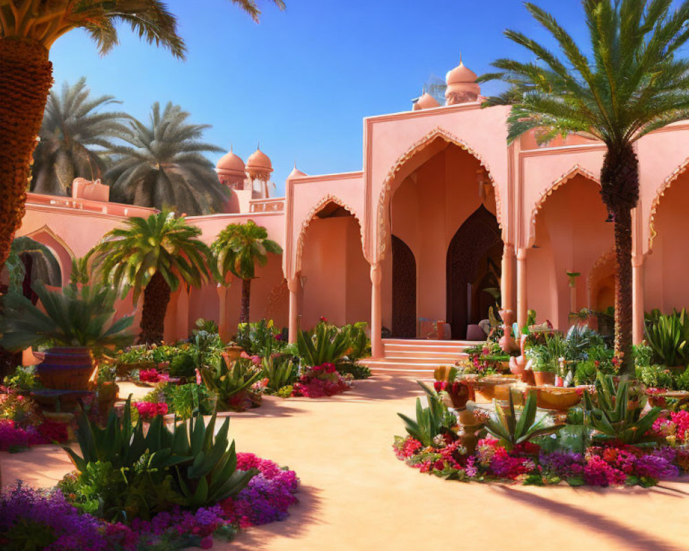Vibrant flower garden and palm trees in front of terracotta building