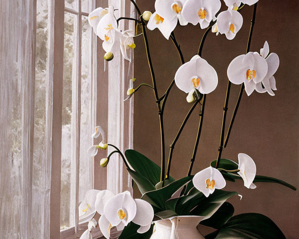 White orchid in vase by window with sheer curtains and sunlight.