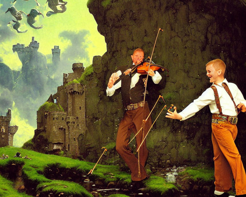 Men on stilts playing violin in magical forest with floating castles