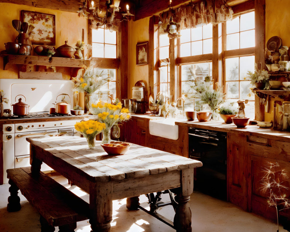 Rustic kitchen with wooden furniture, vintage appliances, pottery, and fresh flowers