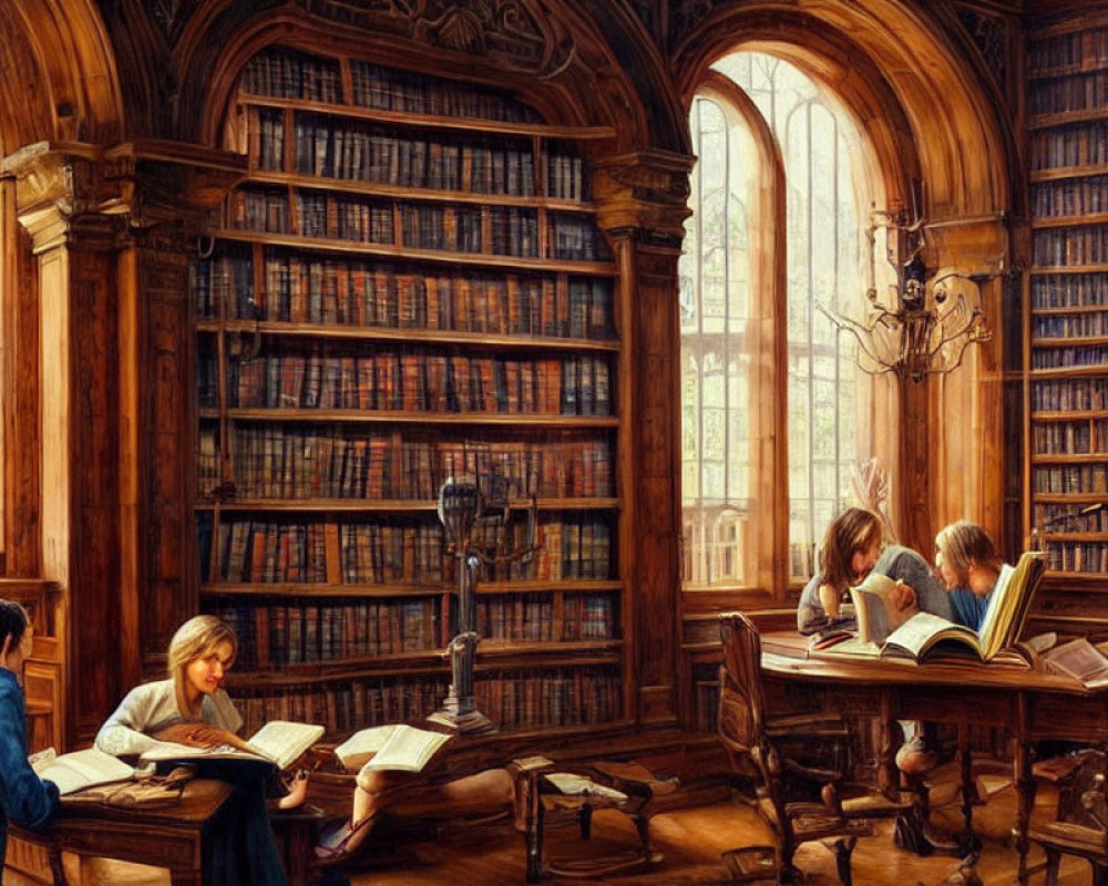 Traditional Library Scene with Ornate Wood Shelves & Extensive Book Collections