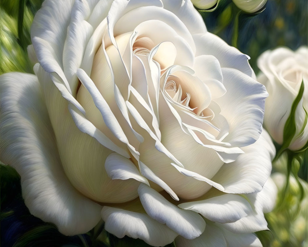 White rose with intricate petals and buds in soft, painterly style