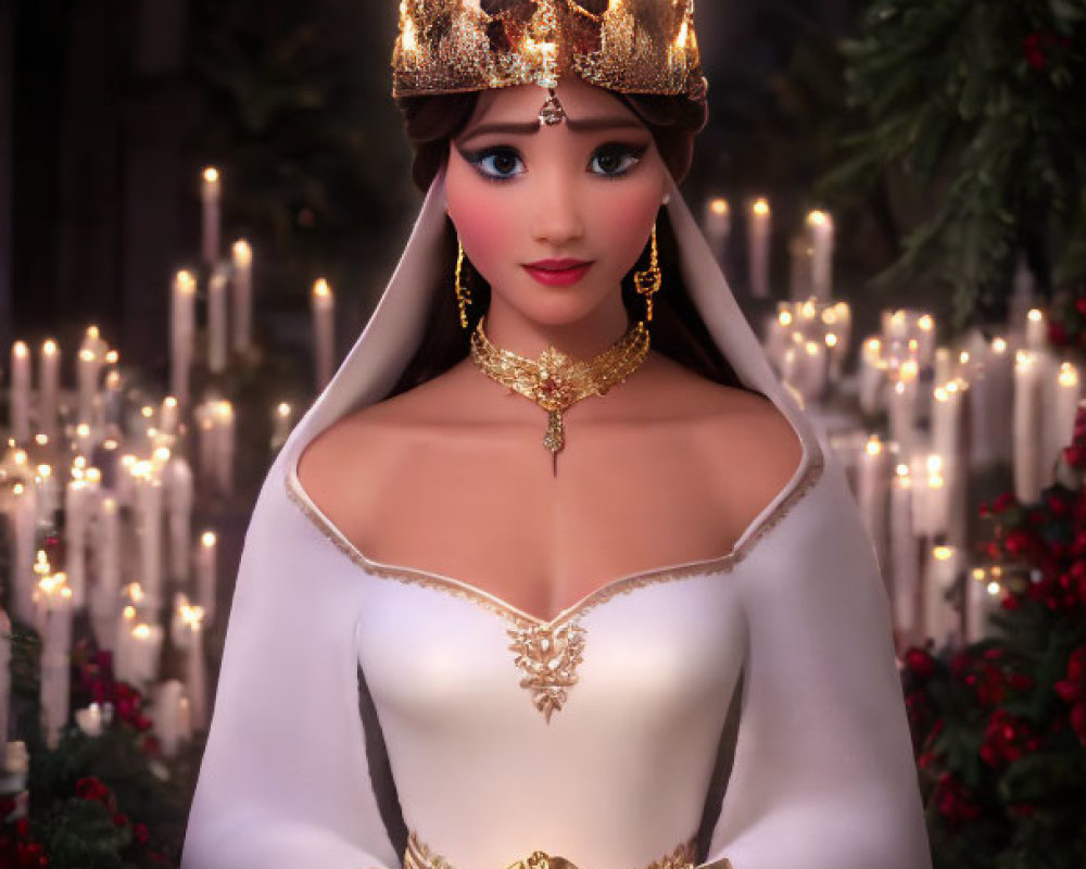Digital Artwork: Female Character with Candle Crown in Church Setting