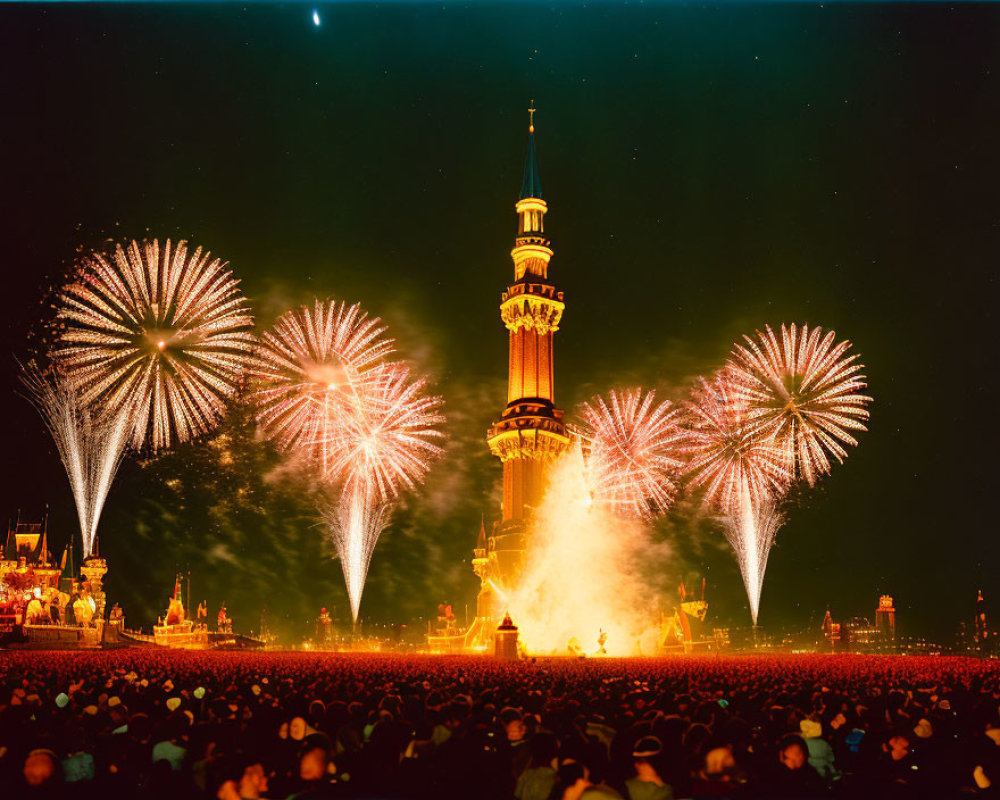 Colorful fireworks illuminate night sky above lit tower and crowd.
