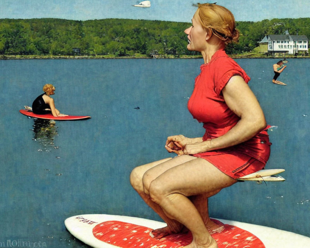 Photomontage of woman meditating on surfboard with miniaturized people on blue lake