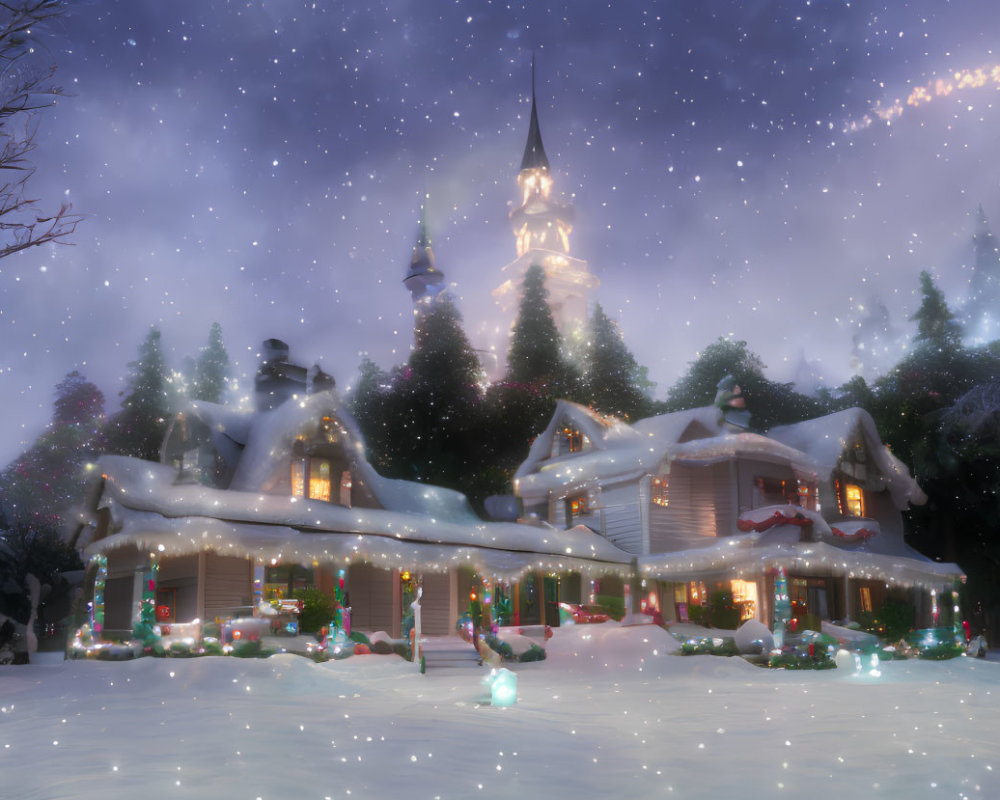 Snow-covered Christmas house with lights, trees, and starry sky.