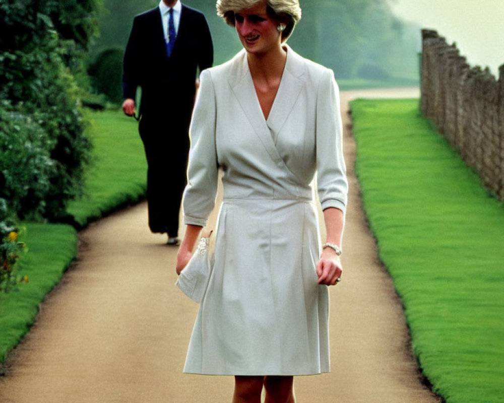 Woman in chic white dress and man in suit walking in verdant setting