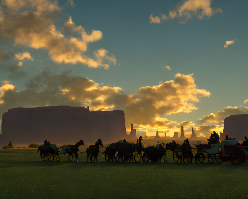 Horse-drawn wagons crossing grassy plain at sunset