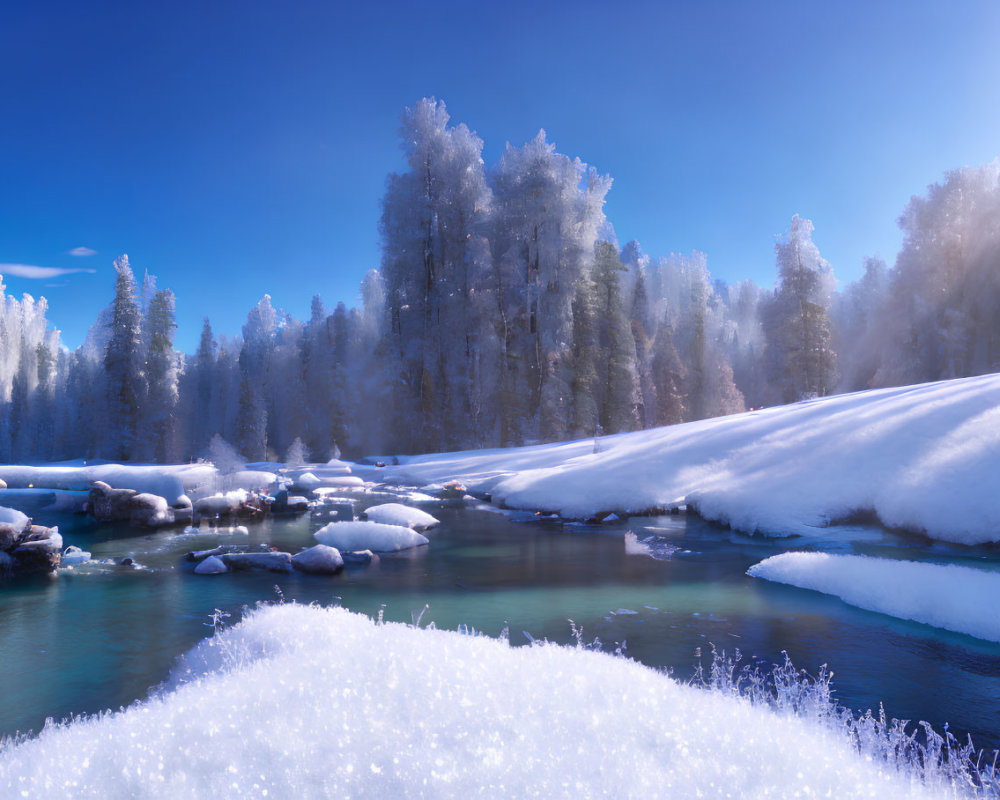 Snow-covered riverbank and frost-kissed trees in serene winter landscape