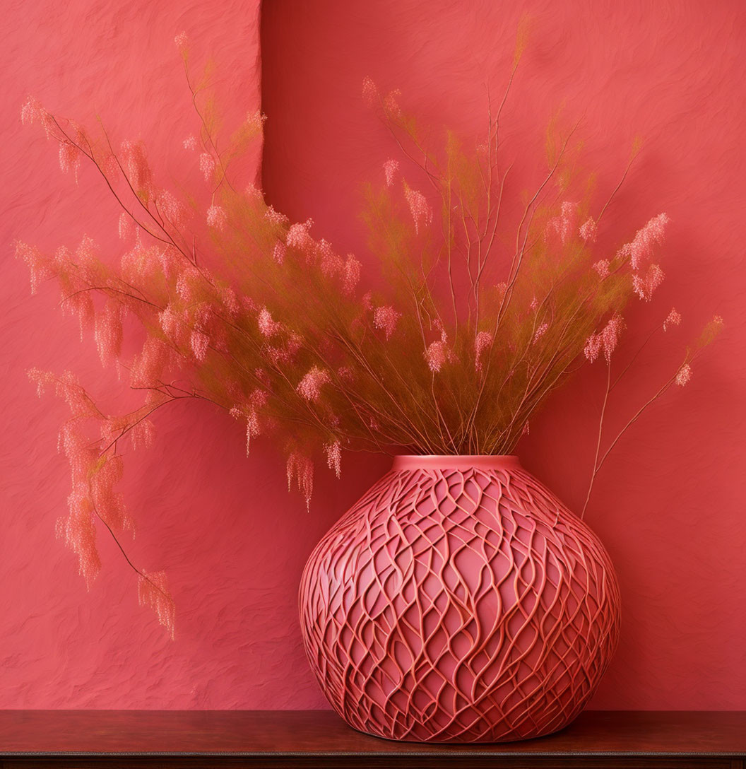 Coral Textured Vase with Pink Grasses on Coral Wall