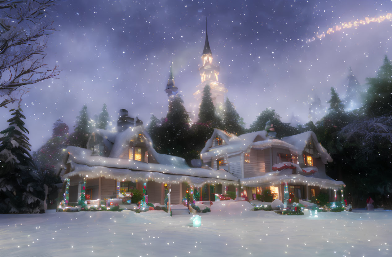 Snow-covered Christmas house with lights, trees, and starry sky.