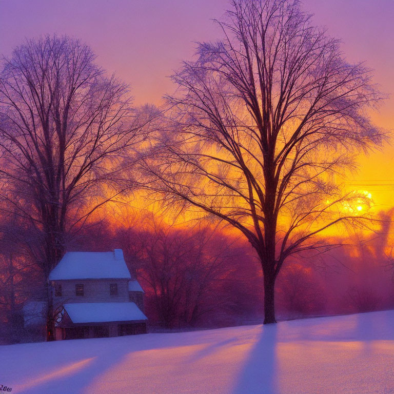 Winter sunset illuminating snow-covered landscape with bare trees and cozy house