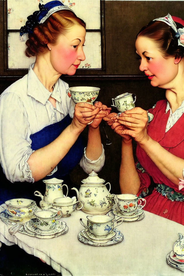 Vintage Attired Women Comparing Teacups Amid Fine China Collection