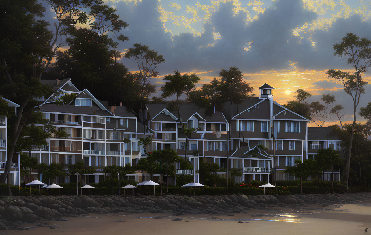 Tranquil beachfront with resort buildings, forest, and golden sunset