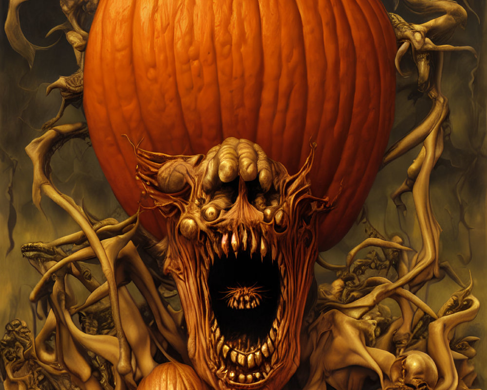 Fantasy illustration of monstrous creature emerging from pumpkin