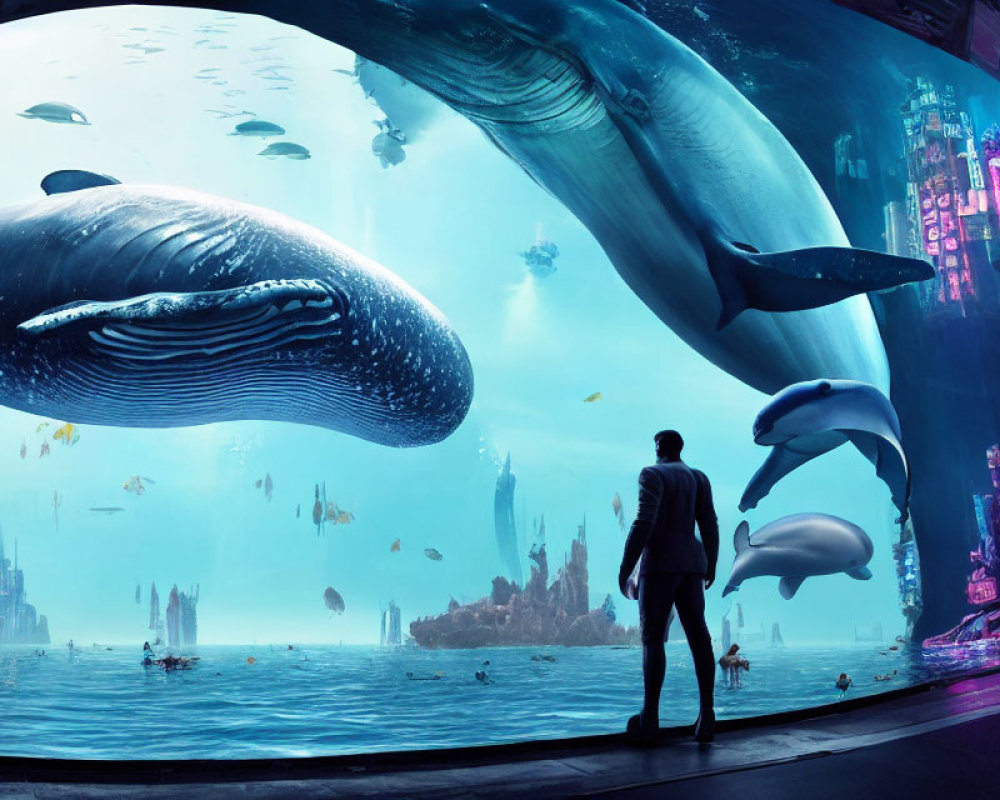 Person observing whales through large underwater window in futuristic cityscape