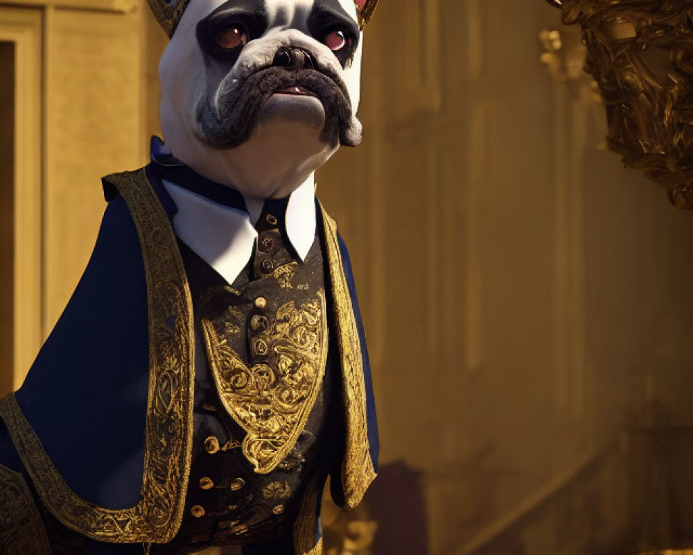 Stylized 3D French Bulldog in Royal Outfit in Luxurious Room