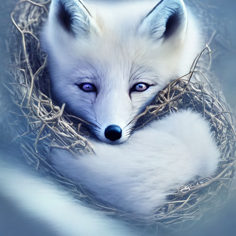 White Fox with Blue Eyes Resting in Twig Nest - Serene and Mystical