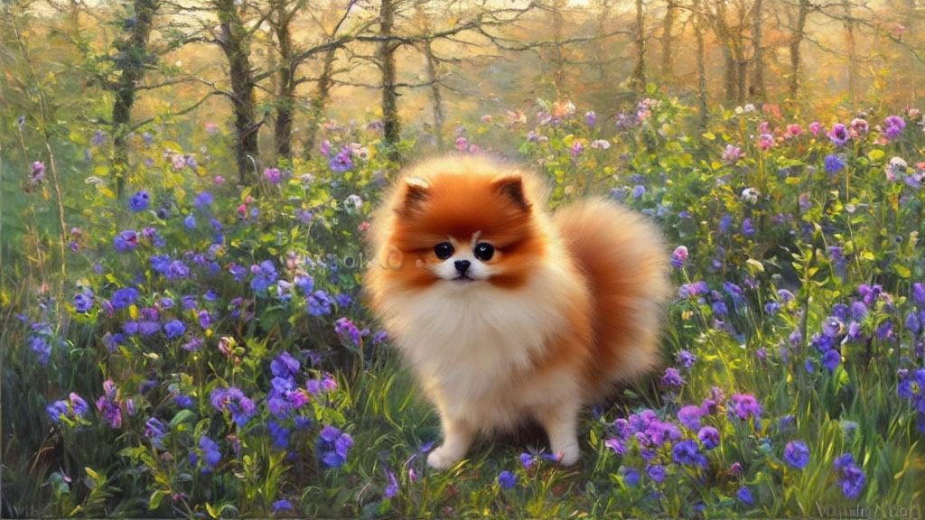 Fluffy Pomeranian in Colorful Meadow with Purple Flowers
