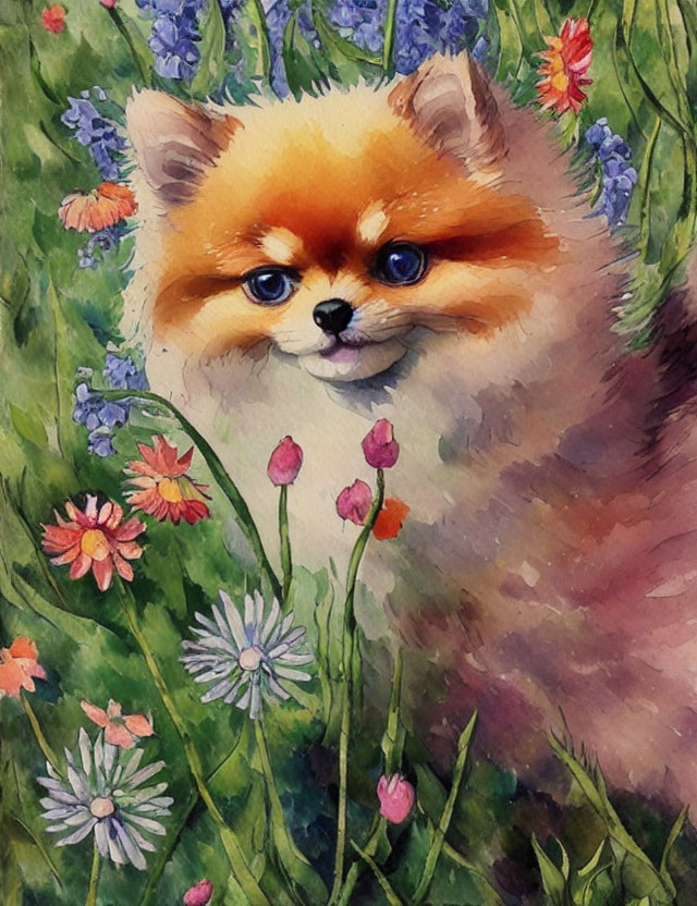 Fluffy Pomeranian Dog in Colorful Floral Watercolor