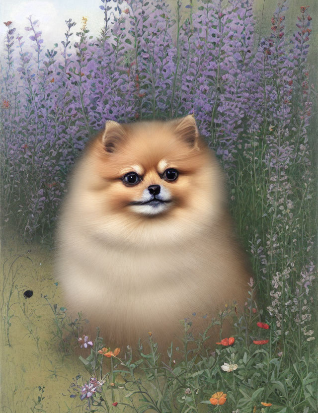 Fluffy Pomeranian Dog Among Lilac Flowers
