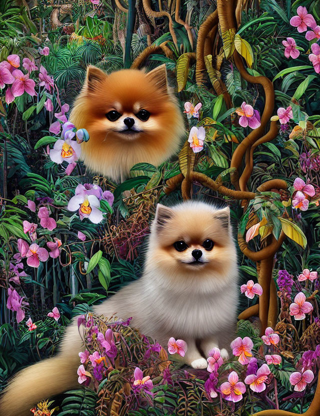 Fluffy Pomeranian Dogs in Lush Jungle with Orchids