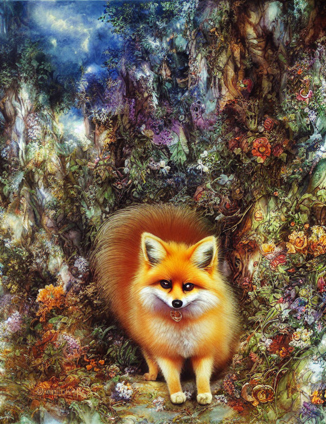 Colorful Illustration: Fluffy Fox in Intricate Forest