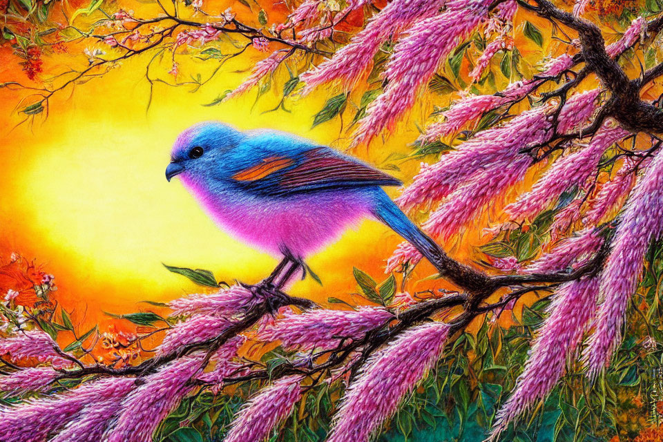 Colorful Bird Illustration on Branch with Pink Blooms and Orange Background