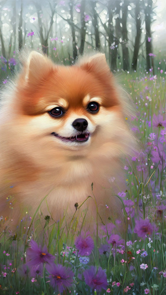 Fluffy Pomeranian Dog Surrounded by Purple Flowers in Dreamy Forest