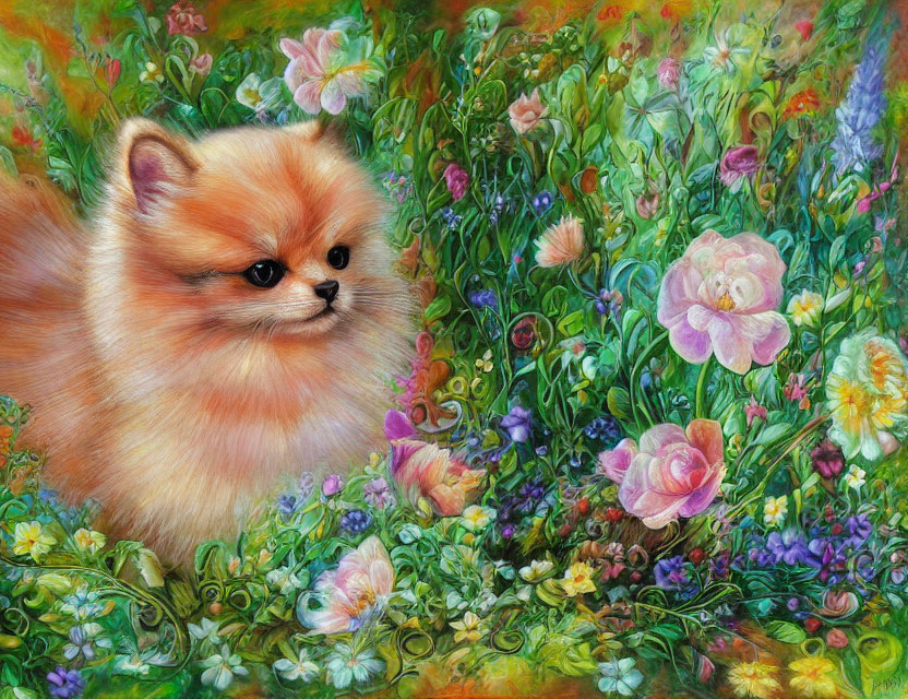 Fluffy Pomeranian Dog in Colorful Flower Garden