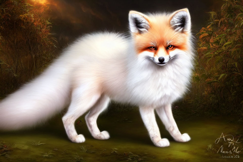 Red Fox with White and Orange Coat in Dimly Lit Forest Clearing