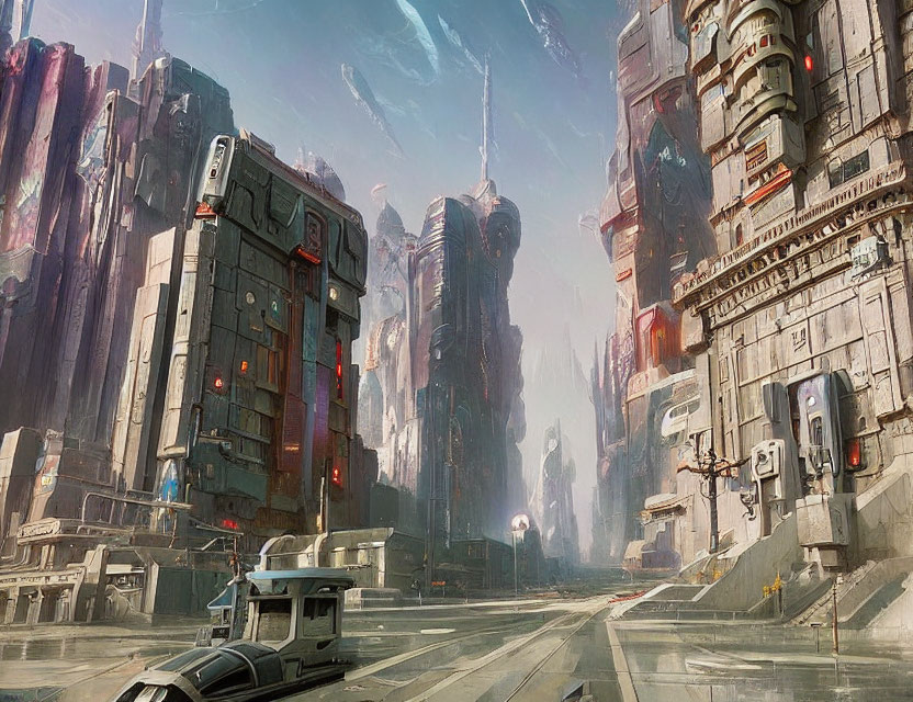 Futuristic cityscape with towering skyscrapers and a solitary vehicle.