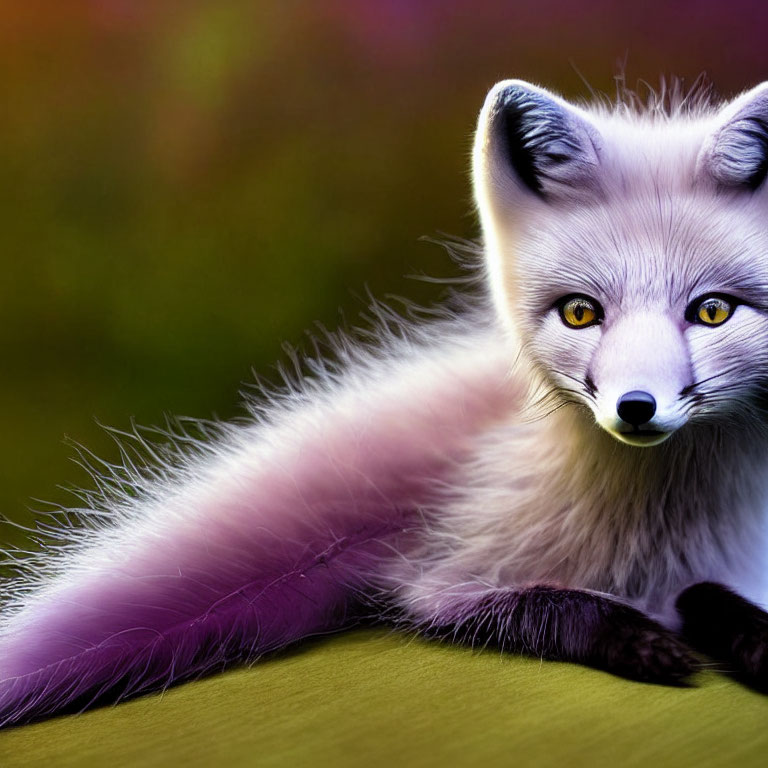 Digitally-created violet and white fox with yellow eyes on multicolored background