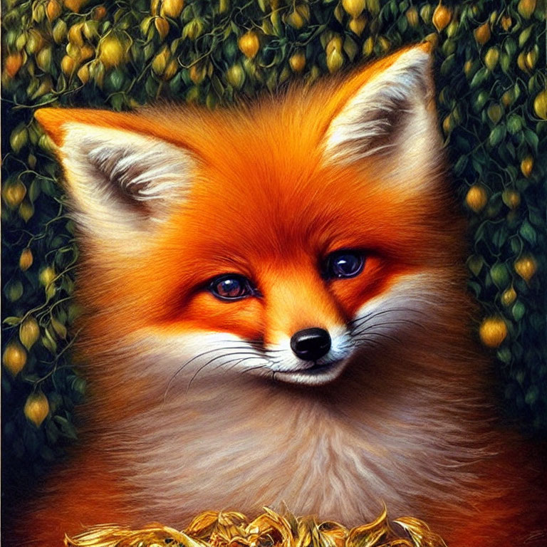 Colorful painting of red fox with blue eyes in nature scene