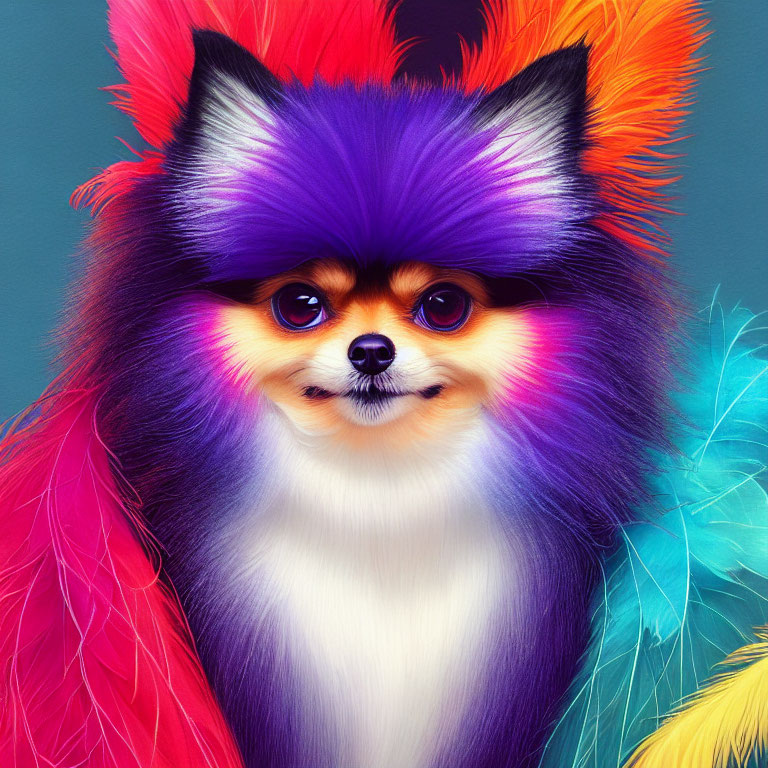 Colorful Digital Art: Pomeranian Dog with Multicolored Fluffy Feather-Like Coat
