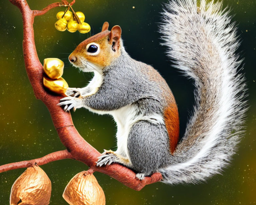 Colorful squirrel illustration on branch with golden nuts in starry sky