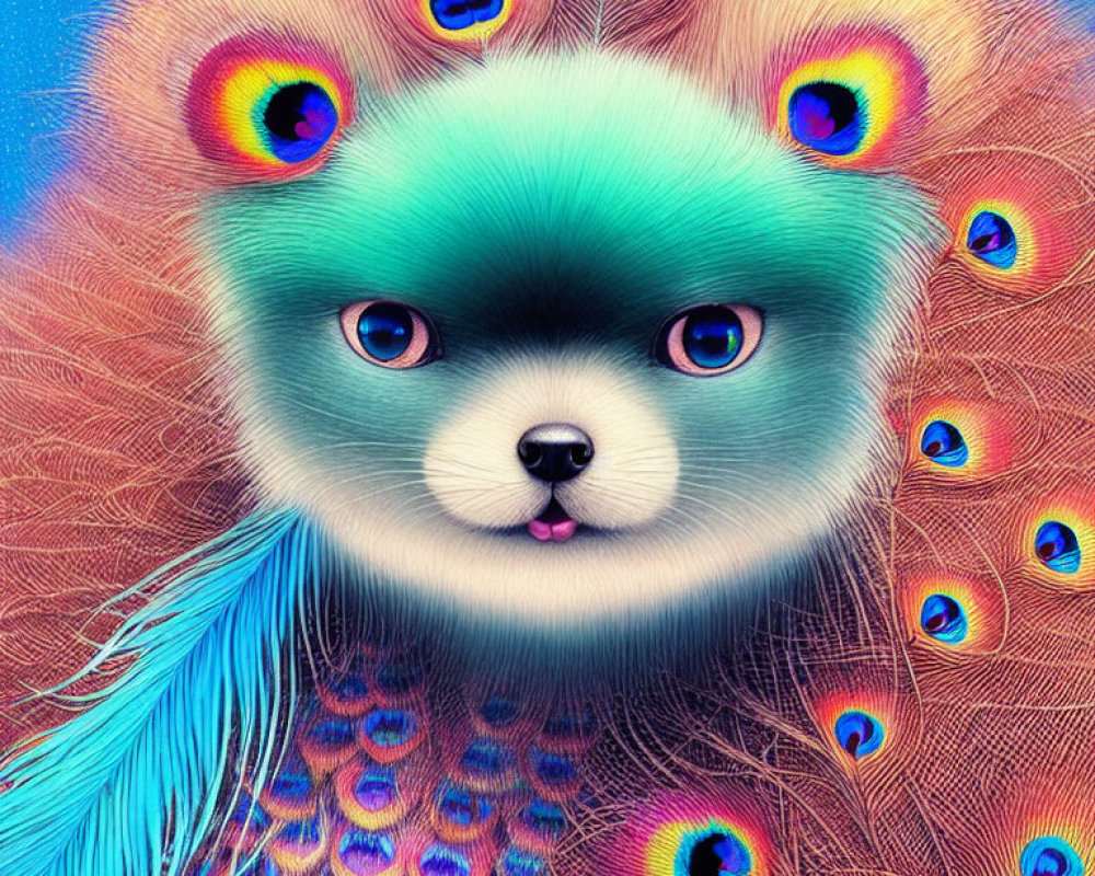 Colorful digital artwork: Pomeranian dog with peacock feathers in vibrant blues, pinks,