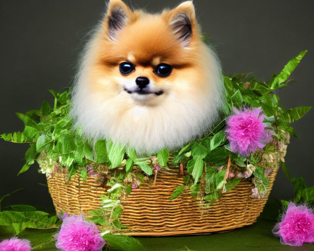 Fluffy Pomeranian Dog in Wicker Basket with Green Leaves and Pink Flowers