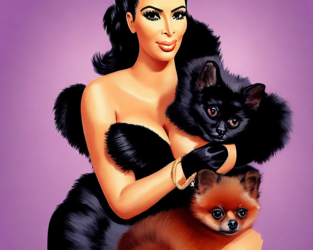 Stylized illustration of glamorous woman with black cat and Pomeranian dog on purple background