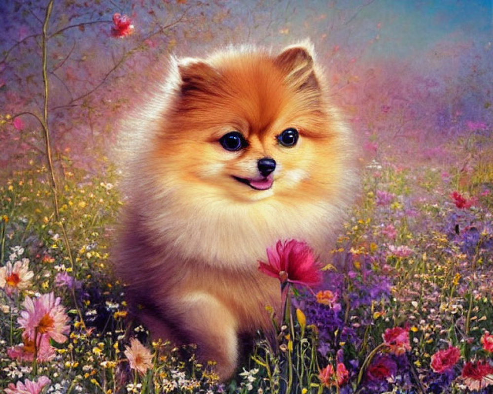 Fluffy Pomeranian in Colorful Wildflower Field with Pastel Sky