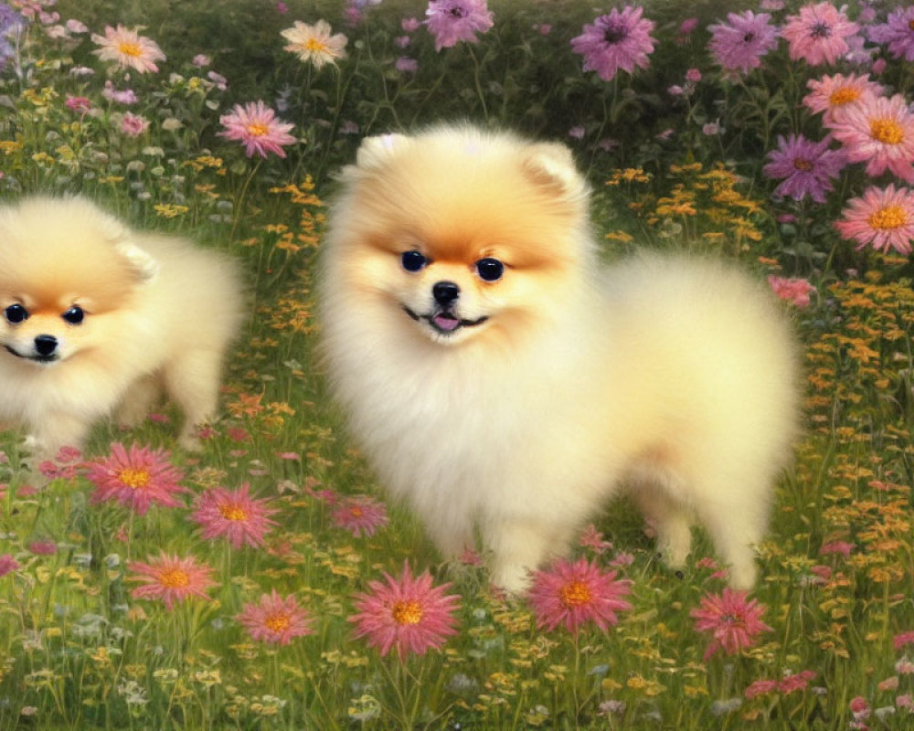 Fluffy Pomeranian Dogs Among Colorful Wildflowers in Meadow