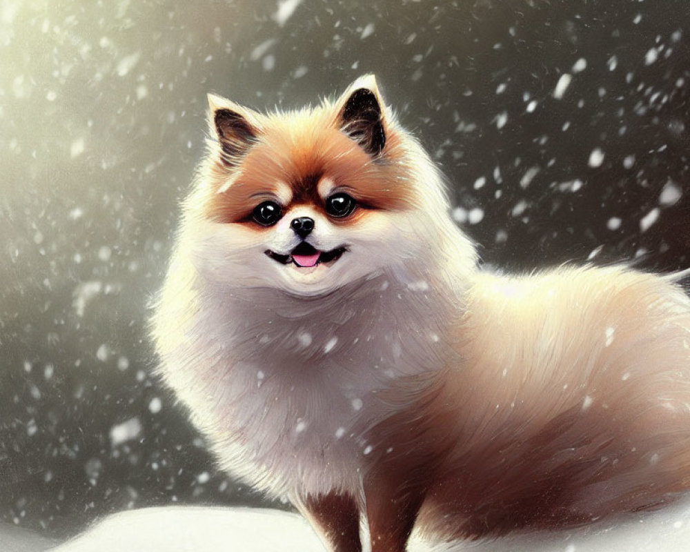 Fluffy Pomeranian Dog in Snowfall Scene