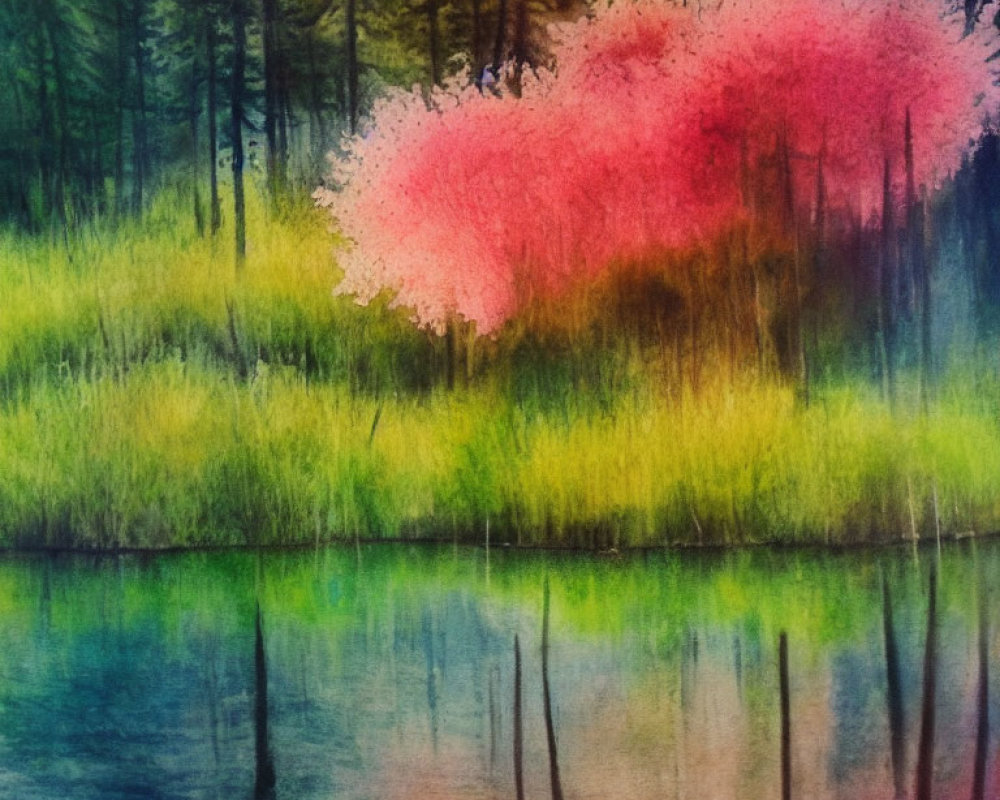 Colorful watercolor painting: lush green landscape with pink blooming trees reflected in blue lake