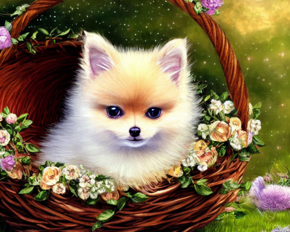 Fluffy Pomeranian Puppy in Basket with Colorful Flowers on Green Background