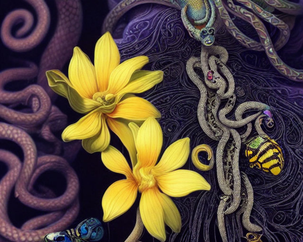 Colorful digital artwork: yellow flowers, serpentine creatures, intricate patterns